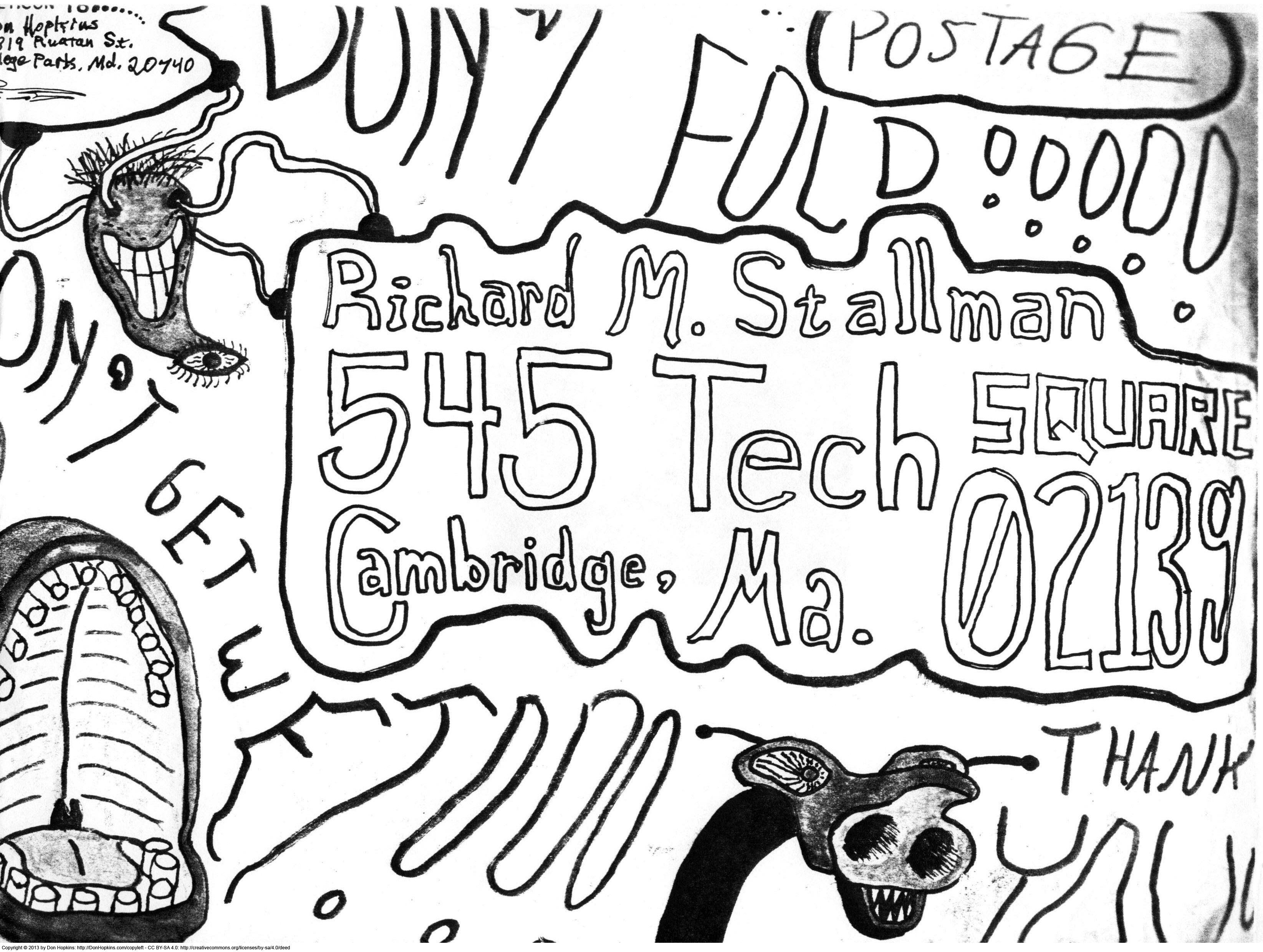 Front of the envelope with the "Copyleft (L)" sticker, mailed from Don Hopkins to Richard Stallman in 1984